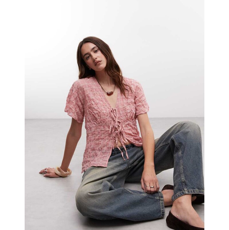 Reclaimed vintage textured sheer tie front top with lace trims