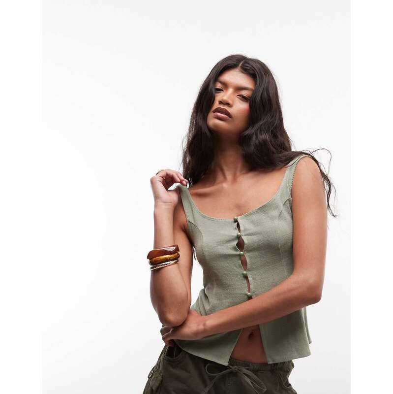 Reclaimed Vintage linen fitted blouse with picot trim in khaki