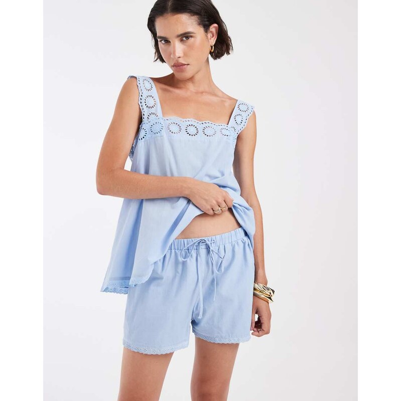 ASOS DESIGN cotton pull on co-ord lace trim shorts in pale blue
