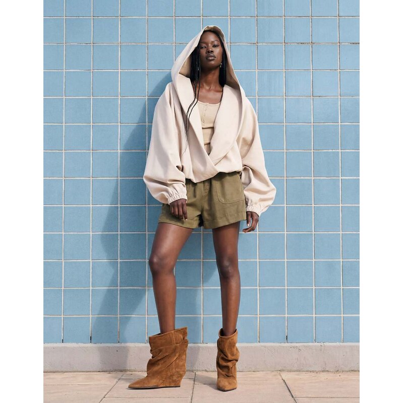 ASOS DESIGN modal shawl collar hooded bomber jacket in stone