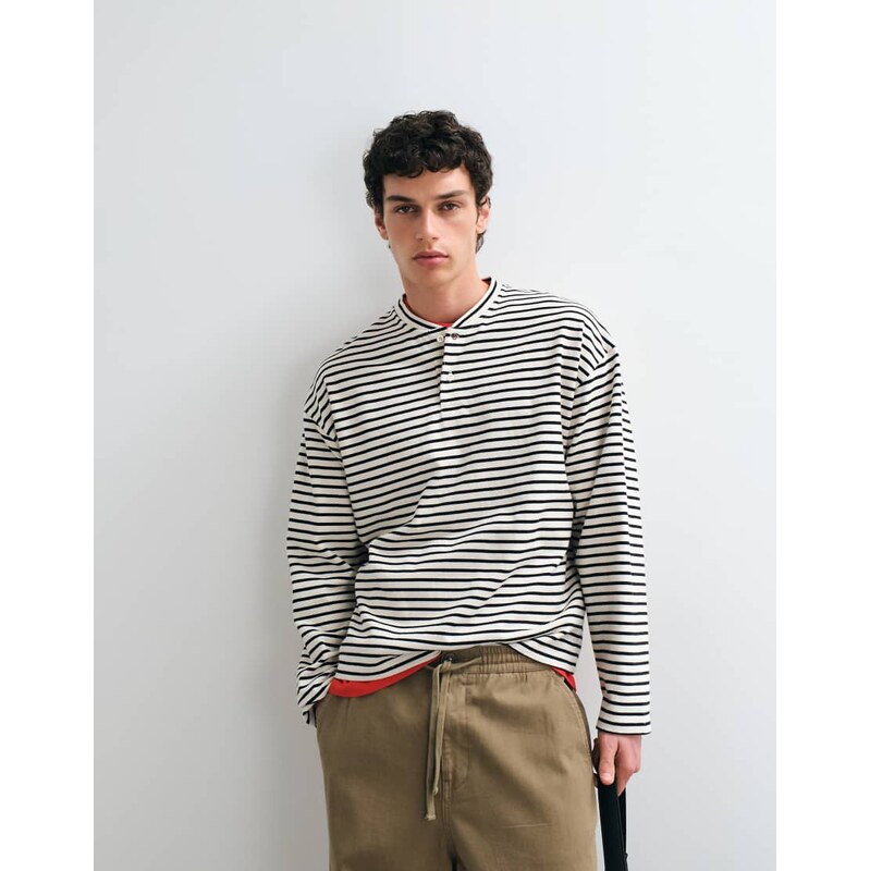 Jack & Jones long sleeve henley top in black and white stripe