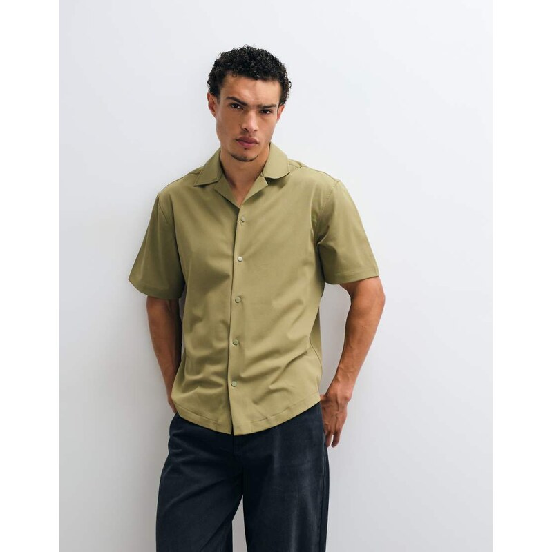 ASOS DESIGN relaxed revere shirt with poppers in stone-Neutral
