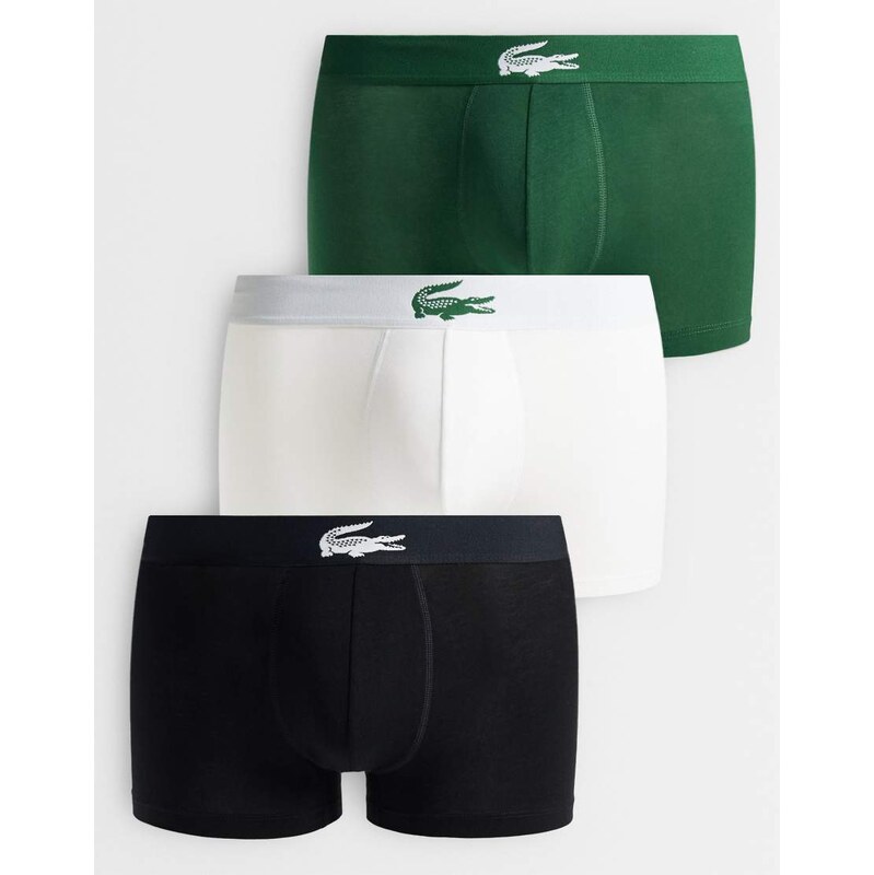 Lacoste 3 pack croc waistband stretch cotton trunks in black,