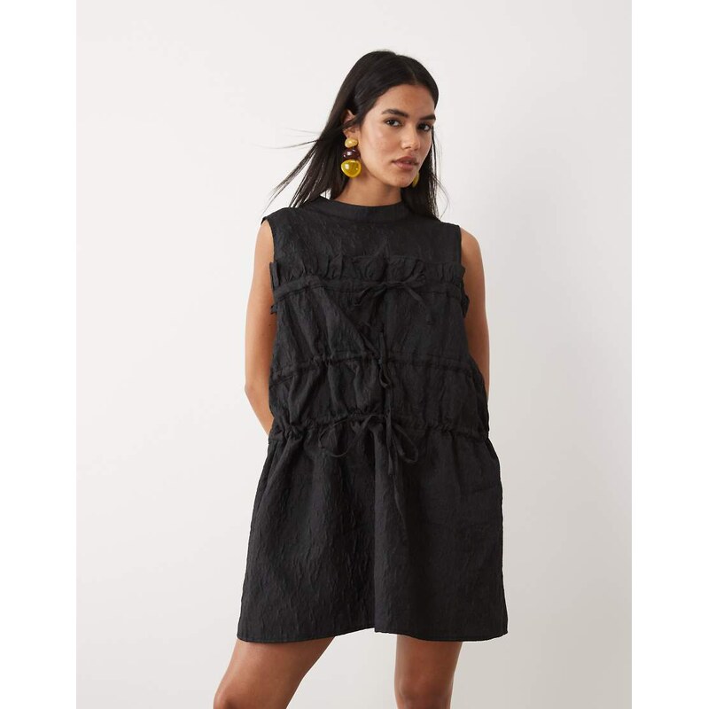 Ghospell Amina sleeveless bow detail ruched mini dress in black