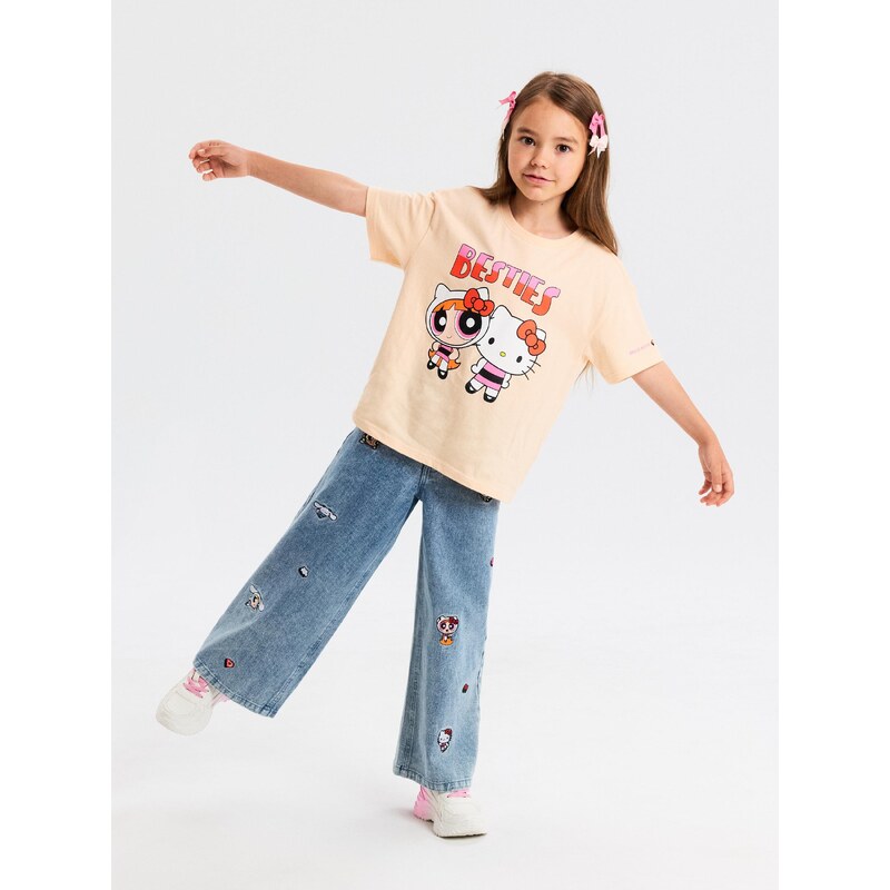 Sinsay - Džíny wide leg s výšivkou Hello Kitty and Friends x