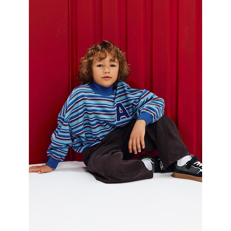 Sinsay - Bavlněná oversize mikina crewneck s pruhy - modrá