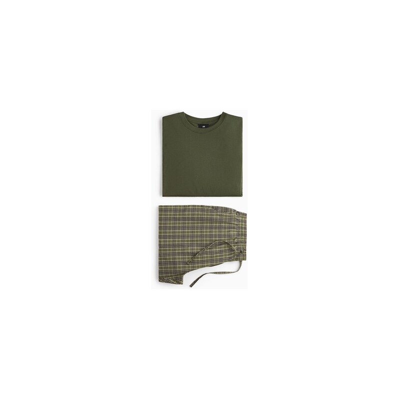 H&M - Pyžamové tričko a kalhoty - Tmavě Zelená Khaki/Kostka