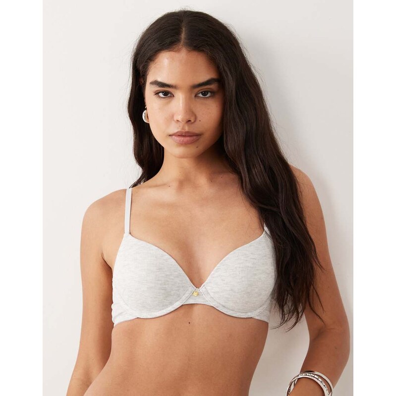 ASOS DESIGN rib moulded t-shirt bra in grey marl-No colour