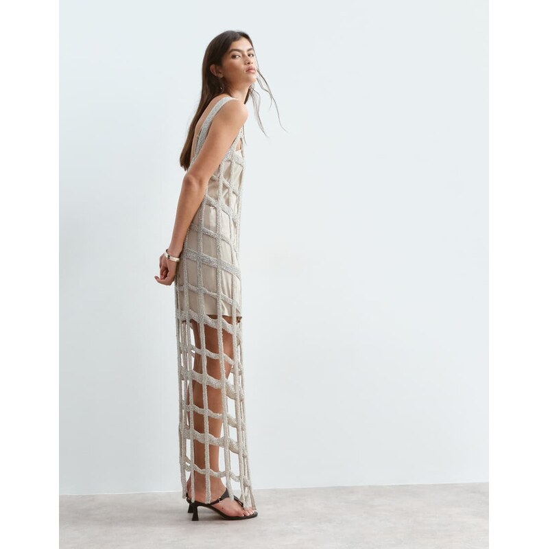 ARRANGE cutwork grid embellished column maxi dress in silver