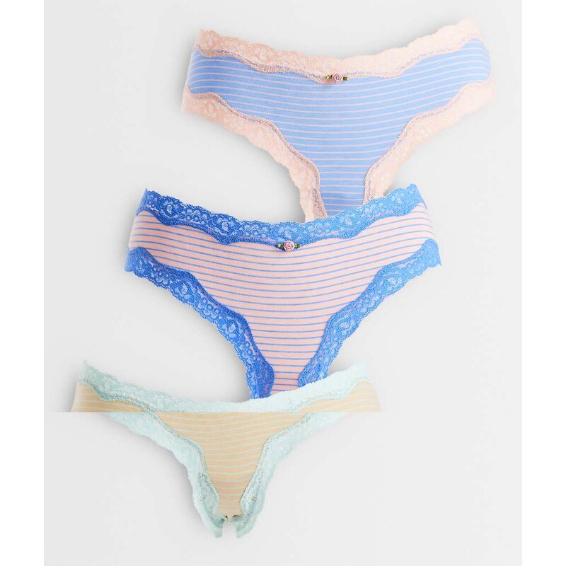 ASOS DESIGN 3 pack brazilian brief with lace trim in blue, pink
