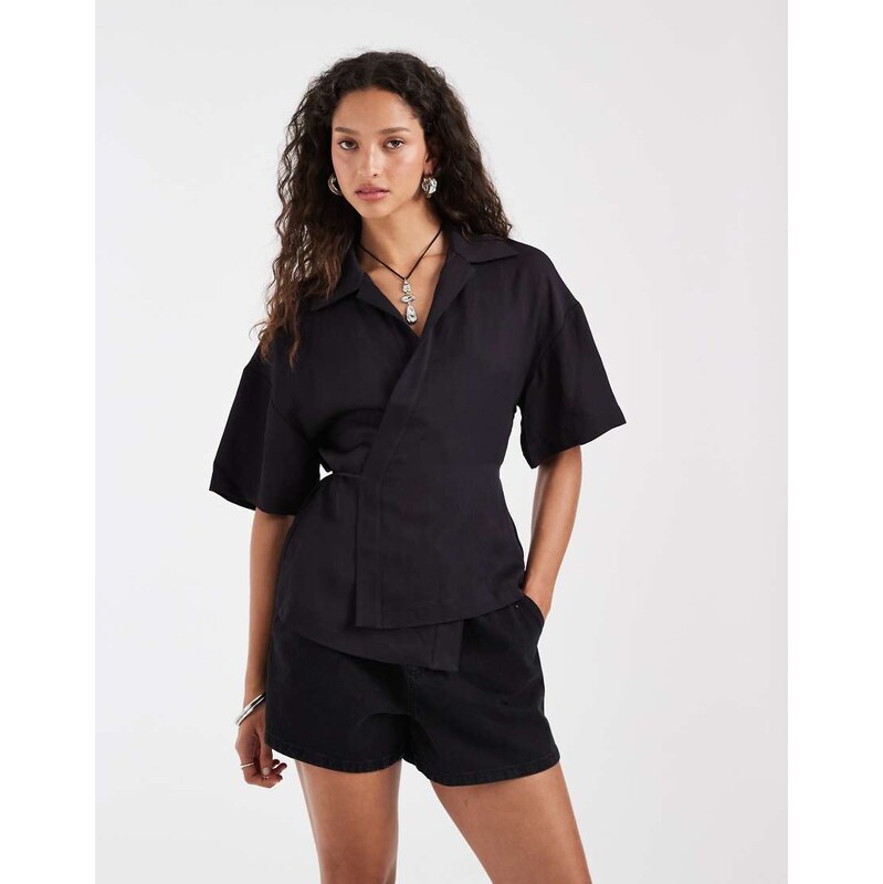 & Other Stories short sleeve wrap linen shirt with tie waist