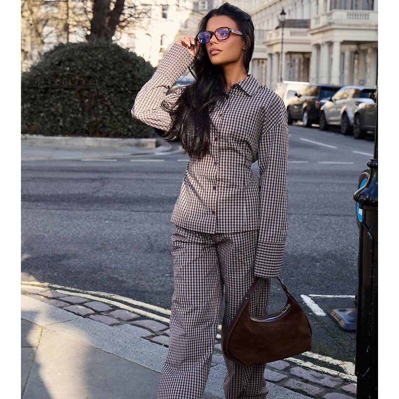 Kaiia exclusive wide leg trousers co-ord in brown check