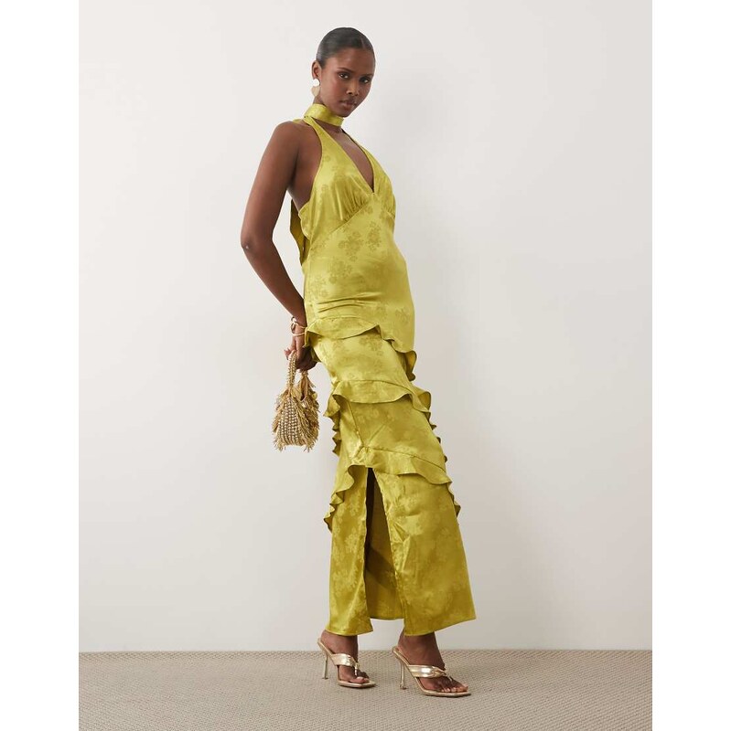 YAS halter neck jacquard ruffle maxi dress in moss green