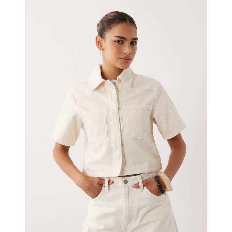 ASOS DESIGN denim crop shirt in ecru-White