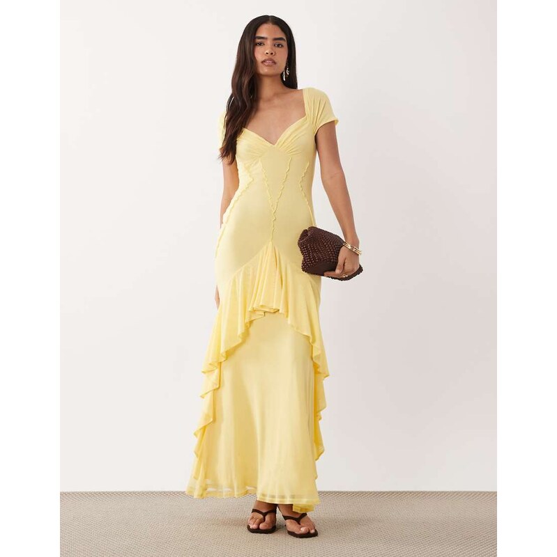 ASOS DESIGN mesh ruffle maxi dress in lemon-Yellow