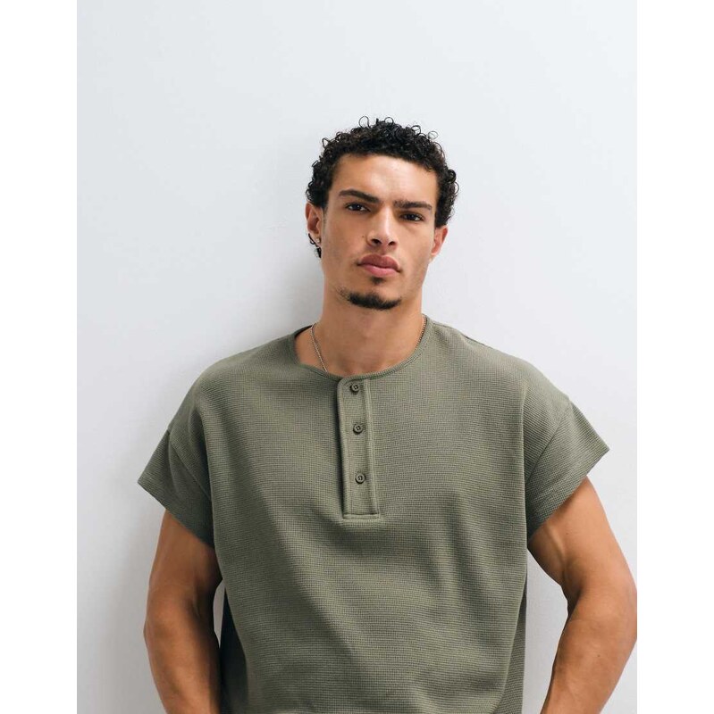 ASOS DESIGN boxy oversized t-shirt with henley and cap sleeve in
