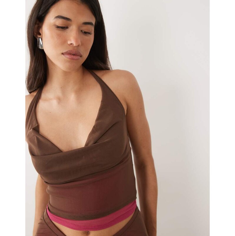 Motel Branjali cowl neck pink lace hem top in brown co-ord