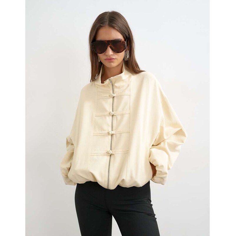 Topshop bomber mandarin collar jacket in ecru-Neutral