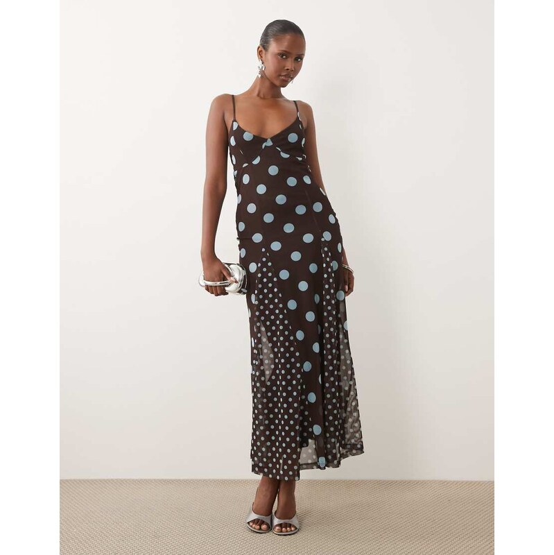 ASOS DESIGN mix polka dot scarf detail midi dress blue and brown