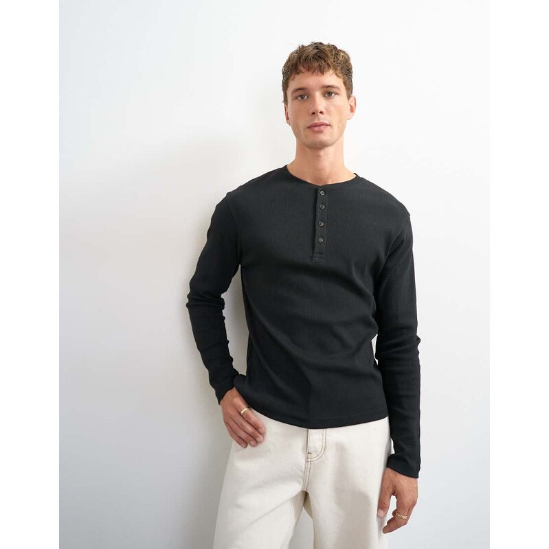 Topman classic fit long sleeve rib henley t-shirt in black