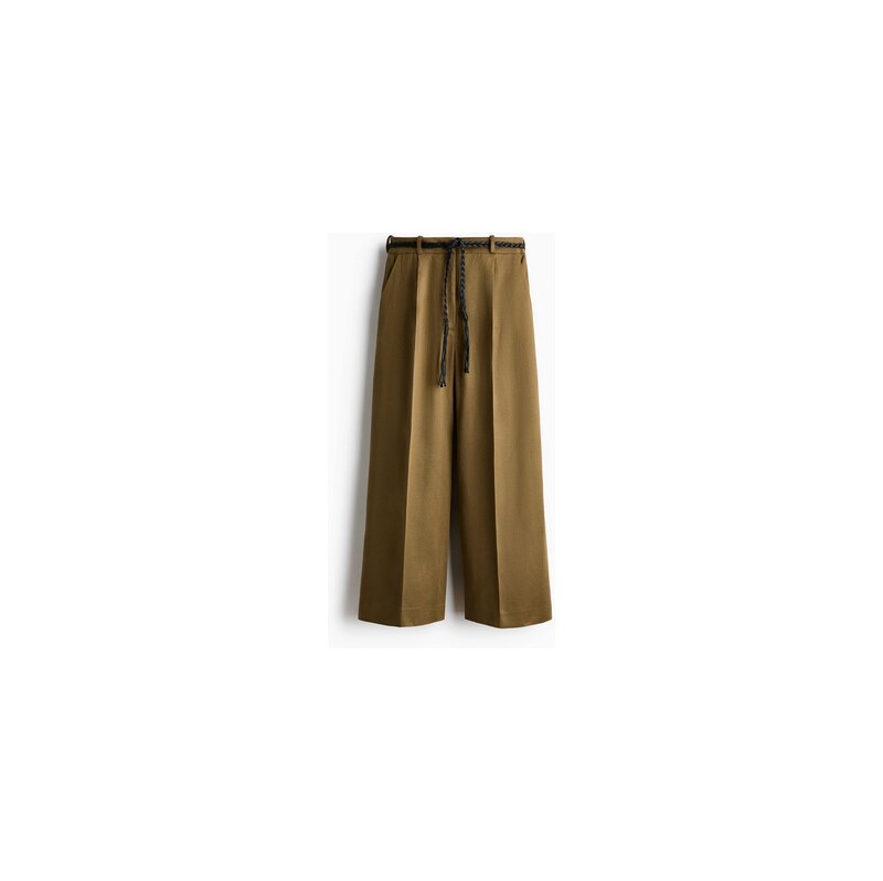 H&M - Kalhoty z lněné směsis vázacím páskem - Khaki Zelená