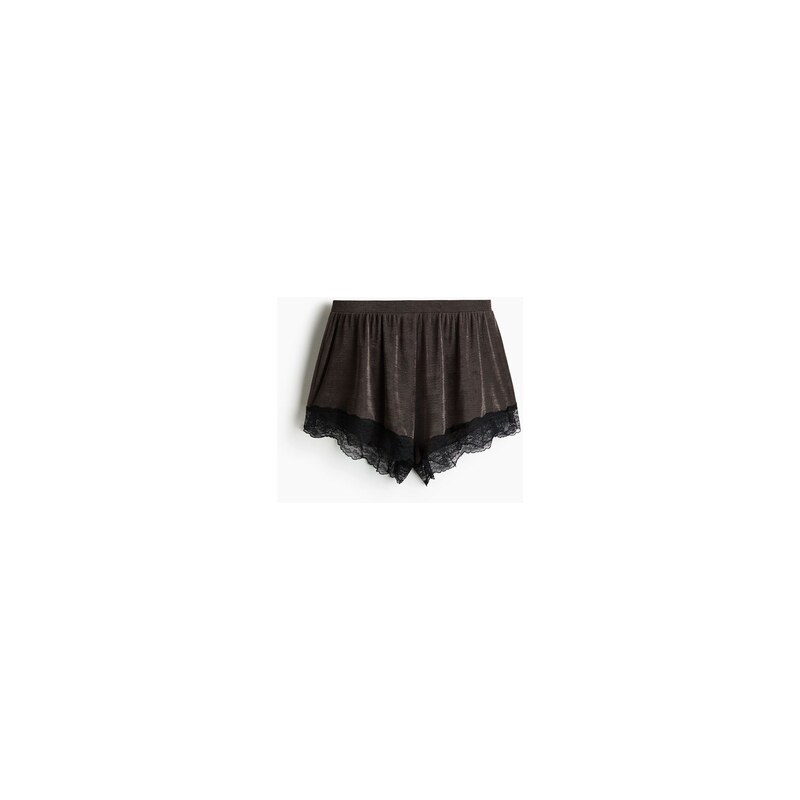 H&M - Lesklé šortkys krajkovými lemy - Tmavá Hnědošedá/Černá