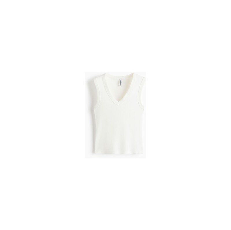 H&M - Žebrovaný tops výstřihem do V - Krémová