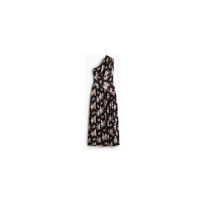 H&M - Řasené šaty odhalující rameno - Černá/Květy