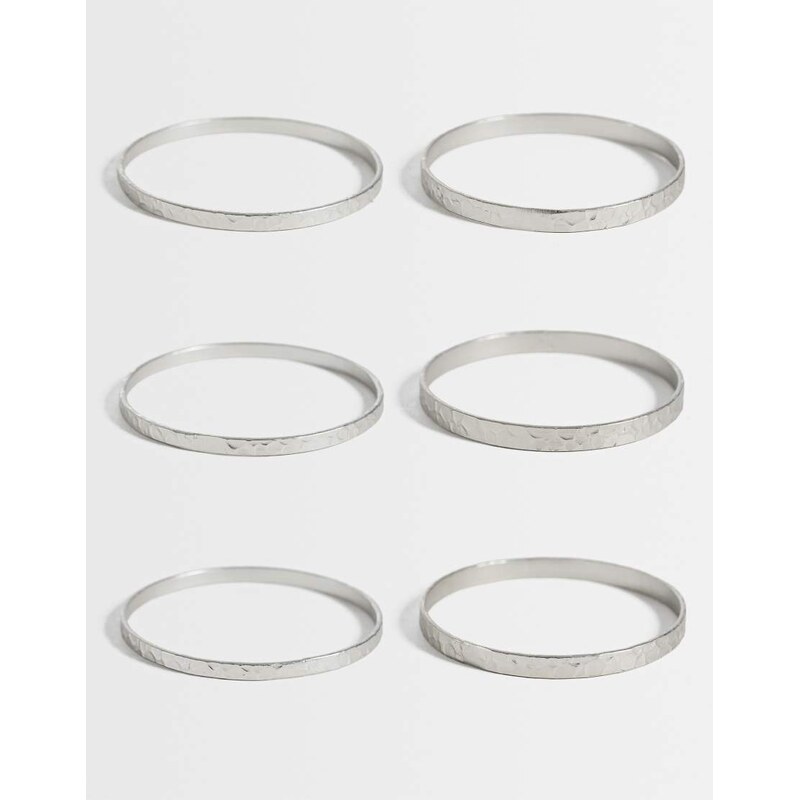 ASOS DESIGN multi-pack of skinny bangles in hammered silver tone