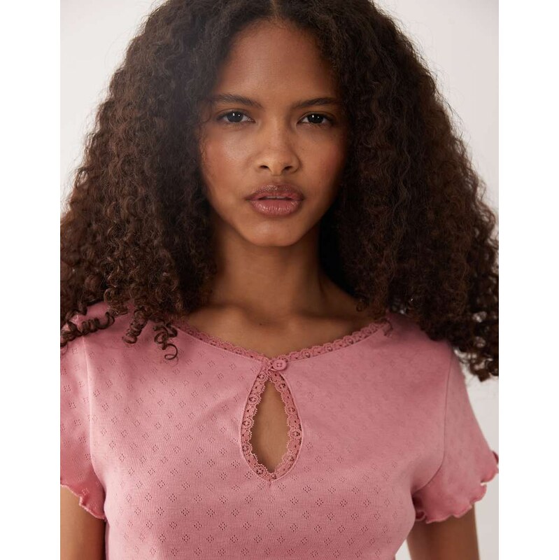 Miss Selfridge short sleeve pointelle keyhole top in pink