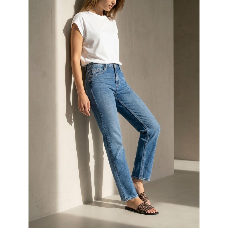Sinsay - Comfort Straight Džíny S Efektem Vyprání - námořnická