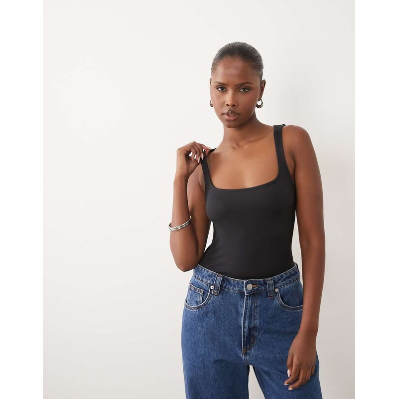 ASOS DESIGN breatheMAX polyamide square neck vest in black-Navy