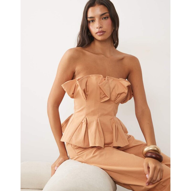 ASOS LUXE co-ord pleated corset top in rust-Brown