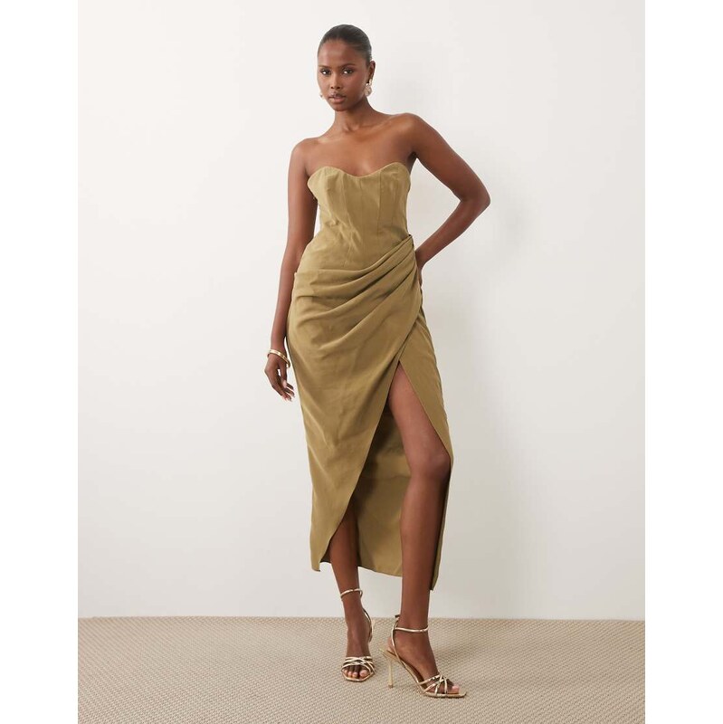 ASOS DESIGN bandeau draped midaxi dress with slit in olive green