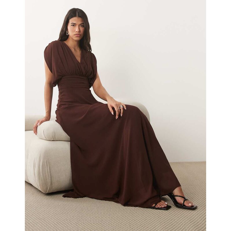TFNC Bridesmaid pleated chiffon maxi dress in chocolate-Brown