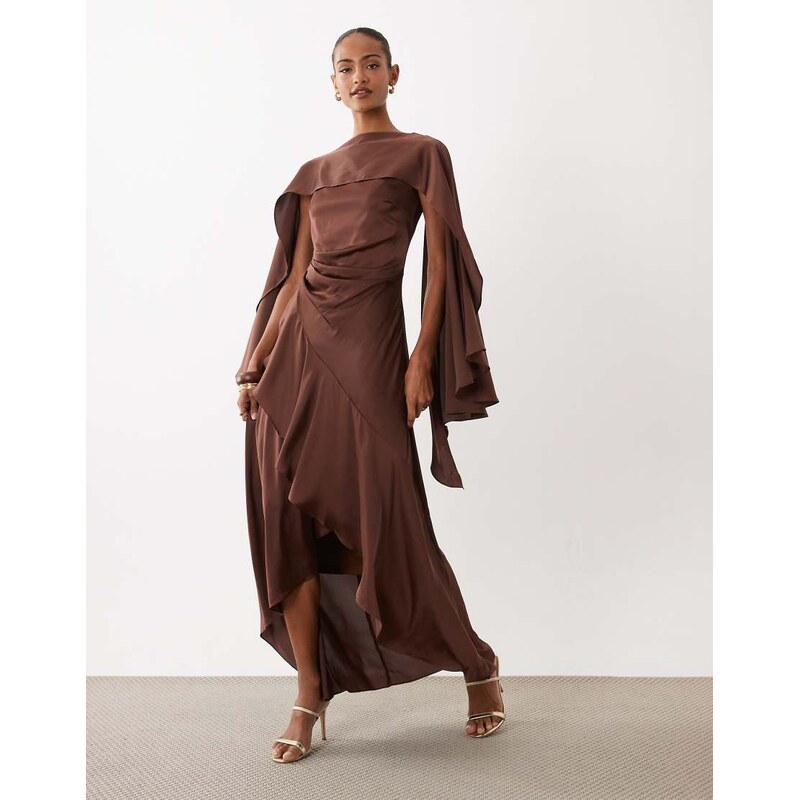 TFNC Bridesmaids cape top satin maxi dress with wrap skirt in