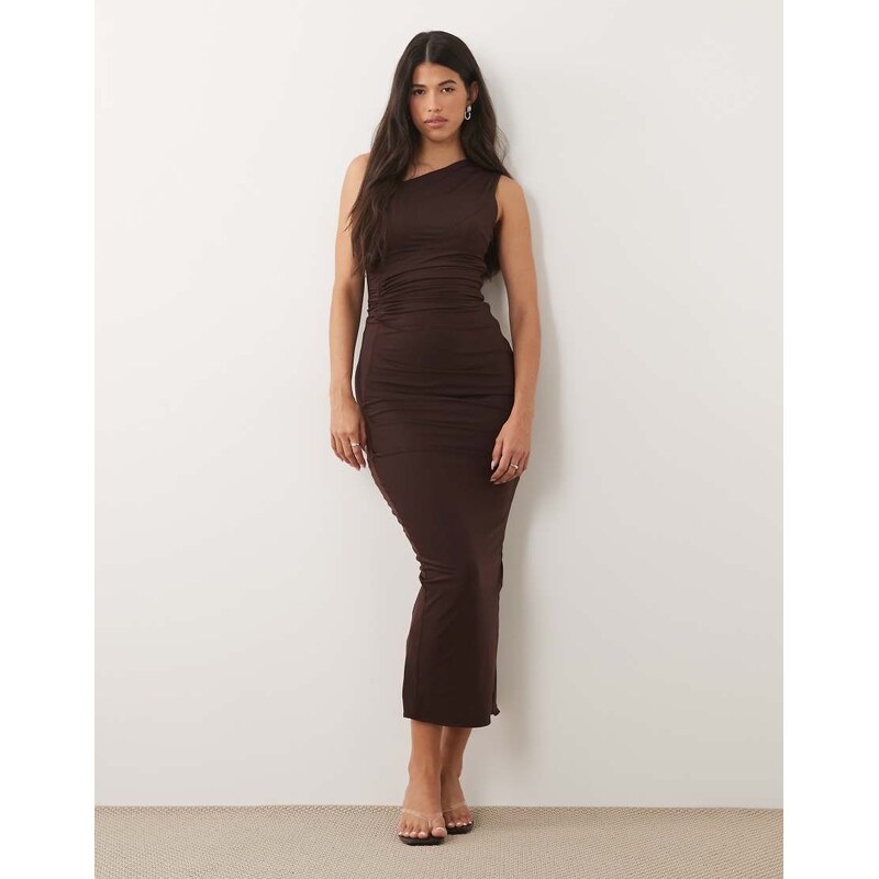 TFNC slinky one shoulder draped maxi dress in chocolate-Brown