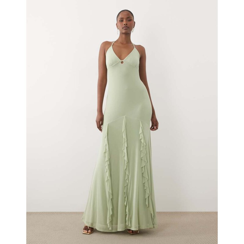 ASOS DESIGN mesh frill maxi dress with halter straps in sage