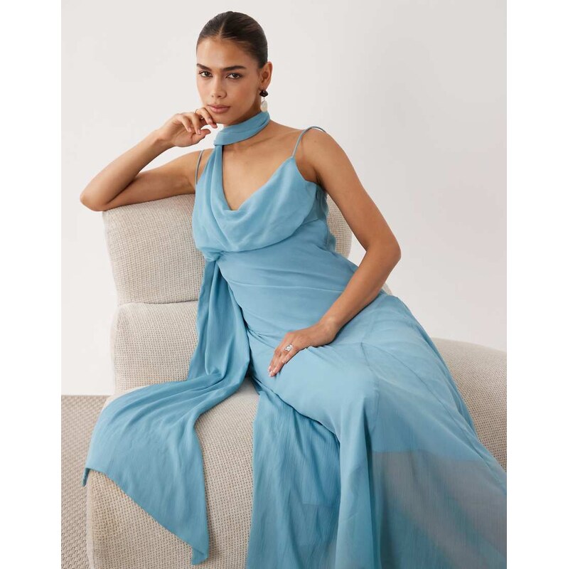 ASOS DESIGN slip maxi dress with scarf detail in steel blue