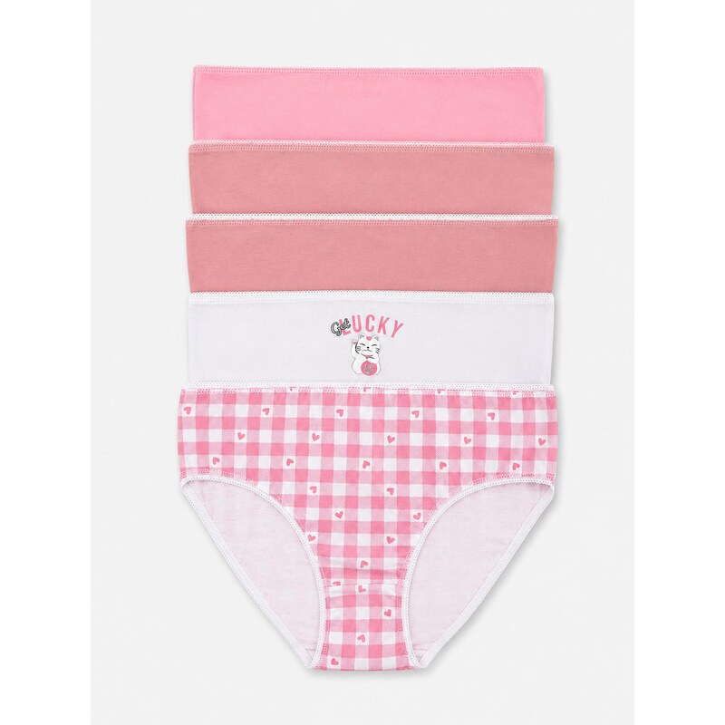 Sinsay - Bavlněné kalhotky s motivem kočky a srdíček 5 pack -