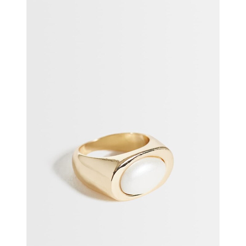 ASOS DESIGN squared ring with faux-pearl in gold tone