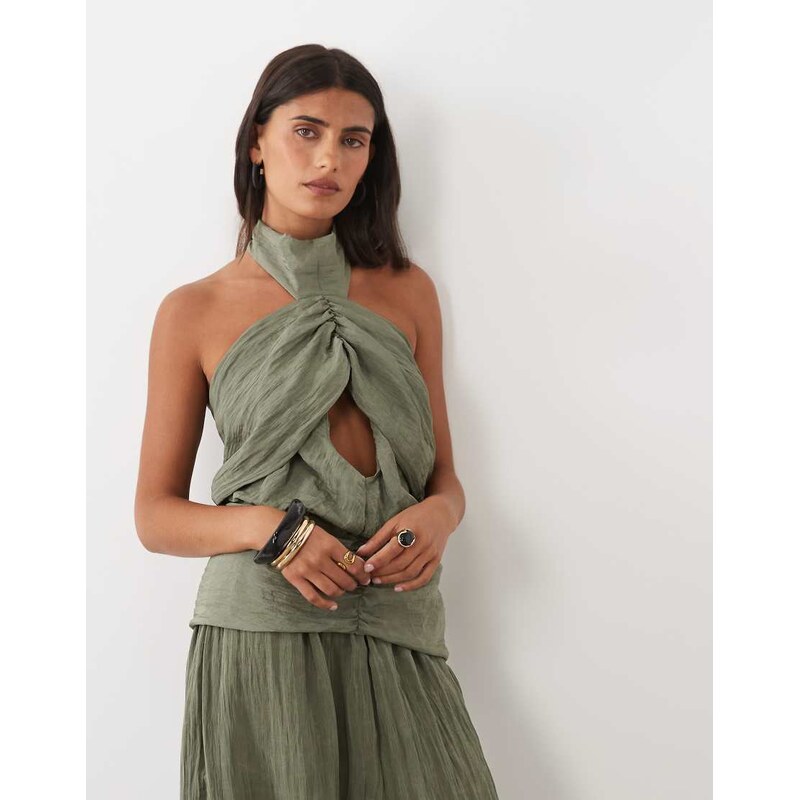 ASOS DESIGN crinkle scarf detail co-ord top in khaki-Green