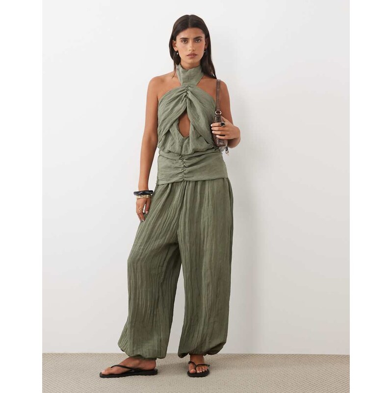 ASOS DESIGN crinkle co-ord trouser in khaki-Green