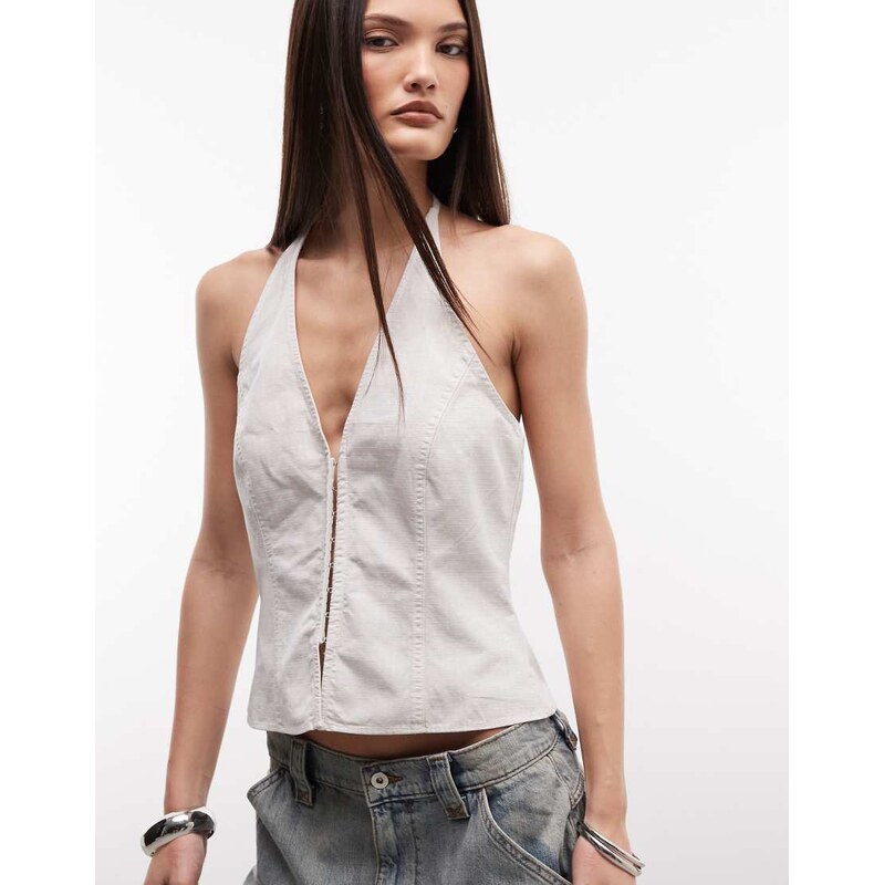 Weekday halterneck hook and eye top in off white-Green