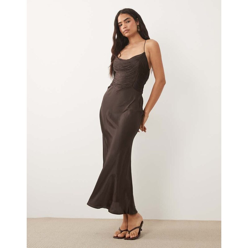 ASOS DESIGN drape fringe cami midi dress in chocolate-Brown