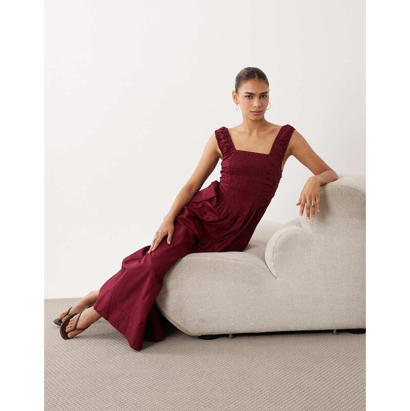 YAS shirred bodice milkmaid style full skirted midi dress in