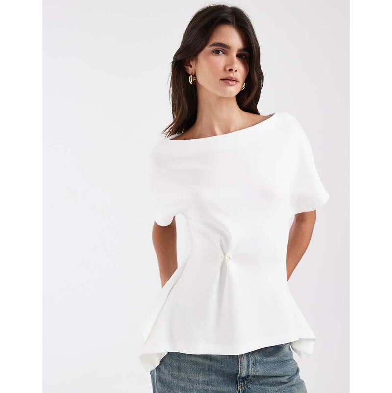 Vero Moda cinched waist t-shirt with pearl detail in white