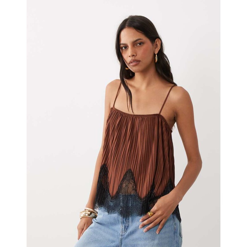 ASOS DESIGN mix & match plisse square neck cami in brown with