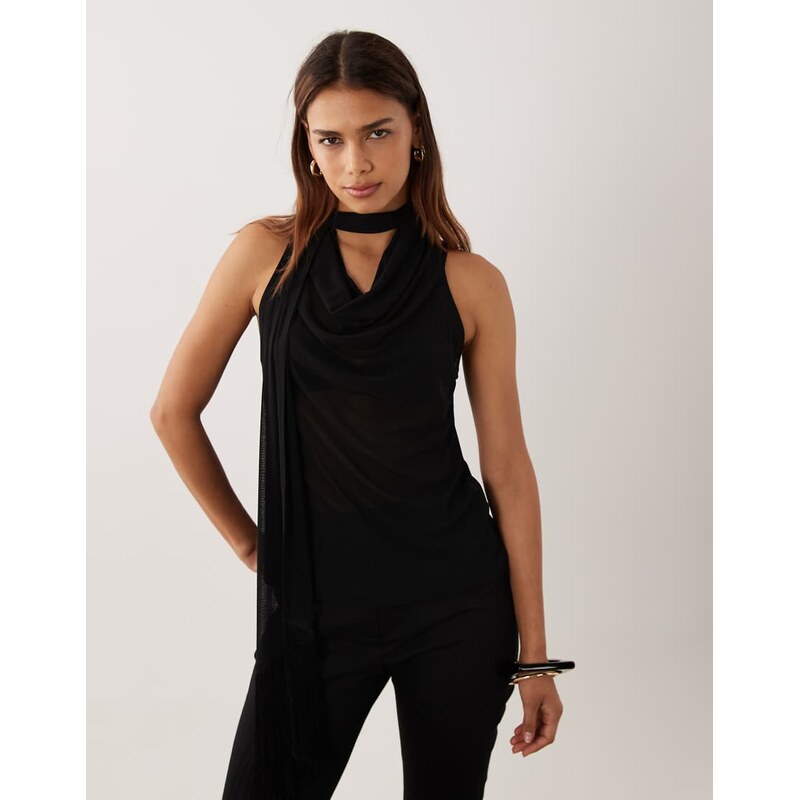 ASOS DESIGN sheer mesh cowl neck top with fringe scarf in black