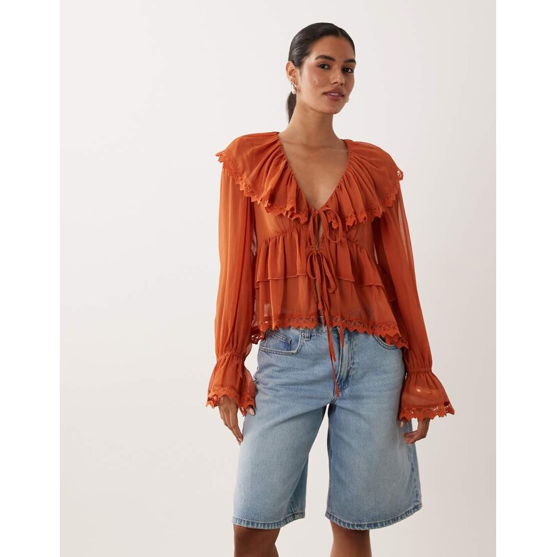 Miss Selfridge chiffon ruffle tie front blouse in rust-No colour